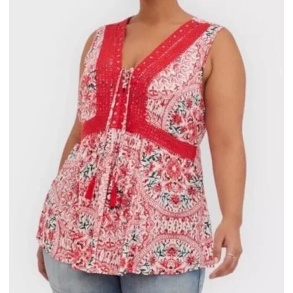 Torrid Babydoll Medallion Crinkle Gauze Crochet Inset multicolor Top 2X 18-20